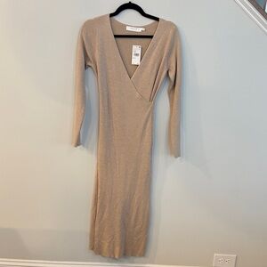 Nordstrom Beige Long Sleeve V-Neck Dress